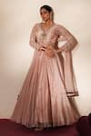 Shop_ISHA GUPTA TAYAL_Pink Tissue, Organza Embroidery, Beads, Stones Chandrika Anarkali With Dupatta _Online_at_Aza_Fashions