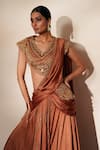 ISHA GUPTA TAYAL_Brown Satin Embroidery, Metallic Thread, Ratanmala Pre-draped Saree With Blouse _Online_at_Aza_Fashions