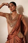 Buy_ISHA GUPTA TAYAL_Brown Satin Embroidery, Metallic Thread, Ratanmala Pre-draped Saree With Blouse _Online_at_Aza_Fashions