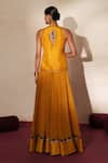 Shop_ISHA GUPTA TAYAL_Yellow Silk Embroidery, Stones, Metallic Thread V-neck Morchakra Lehenga Set _at_Aza_Fashions