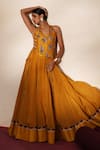 Shop_ISHA GUPTA TAYAL_Yellow Silk Embroidery, Stones, Metallic Thread V-neck Morchakra Lehenga Set _Online_at_Aza_Fashions