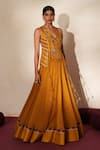 ISHA GUPTA TAYAL_Yellow Silk Embroidery, Stones, Metallic Thread V-neck Morchakra Lehenga Set _at_Aza_Fashions