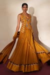 Buy_ISHA GUPTA TAYAL_Yellow Silk Embroidery, Stones, Metallic Thread V-neck Morchakra Lehenga Set _at_Aza_Fashions