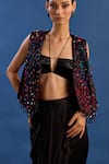 Buy_Cedar & Pine_Black Satin, Velvet, Tulle Gatsby Pre-draped Saree Set With Embroidered Jacket _Online_at_Aza_Fashions