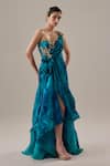 Buy_Cedar & Pine_Blue Organza, Tulle Embroidery, Pearls, Metallic Thread One Isca Draped Gown _Online_at_Aza_Fashions