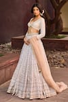 Cedar & Pine_Ivory Organza, Silk, Tulle Embroidery, Sequins V-neck, Square Saira Lehenga Set _at_Aza_Fashions