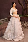 Buy_Cedar & Pine_Ivory Organza, Silk, Tulle Embroidery, Sequins V-neck, Square Saira Lehenga Set 