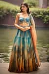 Buy_Cedar & Pine_Blue Organza, Tulle Foil Printing, Embroidery, Zari Clouds Shaded Lehenga Set _at_Aza_Fashions