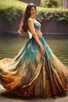 Shop_Cedar & Pine_Blue Organza, Tulle Foil Printing, Embroidery, Zari Clouds Shaded Lehenga Set _Online_at_Aza_Fashions