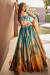 Cedar & Pine_Blue Organza, Tulle Foil Printing, Embroidery, Zari Clouds Shaded Lehenga Set _at_Aza_Fashions