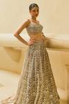 Buy_Cedar & Pine_Gold Tulle, Organza Embroidery, Beads, Sequins Sand Shimmer Lehenga Blouse Set _Online_at_Aza_Fashions