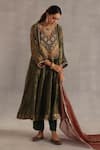 Buy_Begum_Olive Green Tissue, Silk Beads, Metallic Thread, Sequins, Navratna Anarkali Set _at_Aza_Fashions