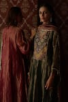Shop_Begum_Olive Green Tissue, Silk Beads, Metallic Thread, Sequins, Navratna Anarkali Set 