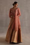 Buy_Begum_Peach Silk, Organza Zari, Sequins, Embroidery Malhar Floral Woven Lehenga Set _Online_at_Aza_Fashions