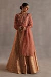 Buy_Begum_Peach Silk, Organza Zari, Sequins, Embroidery Malhar Floral Woven Lehenga Set _at_Aza_Fashions