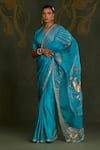 Buy_Sitaraa_Turquoise Silk, Organza Zari, Sequins, Beads Vanini Yali Motif Saree With Blouse _at_Aza_Fashions
