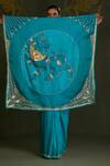 Shop_Sitaraa_Turquoise Silk, Organza Zari, Sequins, Beads Vanini Yali Motif Saree With Blouse _Online_at_Aza_Fashions
