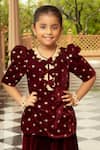 Buy_Fayon Kids_Maroon Velvet Foil Printing Gold Motif Kurta And Salwar Set _Online_at_Aza_Fashions