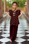 Buy_Fayon Kids_Maroon Velvet Foil Printing Gold Motif Kurta And Salwar Set _at_Aza_Fashions