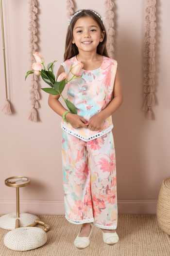 Buy_Petite Pomme_Peach Cotton Embroidery, Mirrors Floral Print Top And Palazzo Set _at_Aza_Fashions