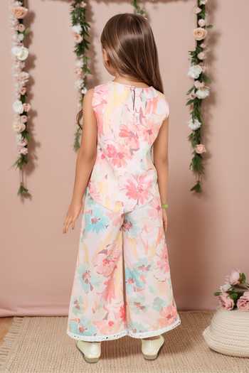 Shop_Petite Pomme_Peach Cotton Embroidery, Mirrors Floral Print Top And Palazzo Set _at_Aza_Fashions