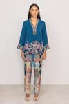 Buy_RANNA GILL_Blue Crepe Embroidery, Sequins V-neck Asterra Floral Top _at_Aza_Fashions