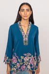 RANNA GILL_Blue Crepe Embroidery, Sequins V-neck Asterra Floral Top _Online_at_Aza_Fashions
