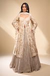 Buy_Seema Gujral_Beige Net Pearls, Embroidery, Zari V-neck Jacket Lehenga Set _at_Aza_Fashions