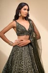 Seema Gujral_Green Net Sequins, Beads, Embroidery V-neck Lehenga Set _Online_at_Aza_Fashions