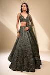Buy_Seema Gujral_Green Net Sequins, Beads, Embroidery V-neck Lehenga Set _at_Aza_Fashions