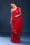 Anamika Khanna Red Sequins, Embroidery, Draped Sharara Saree With Unstitched Blouse Piece Online at Aza Fashions Anamika Khanna_Red Sequins, Embroidery, Draped Sharara Saree With Unstitched Blouse Piece_Online_at_Aza_Fashions