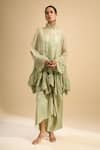 Anamika Khanna_Green High Neck, Mandarin Collar, Square Embroidered Cape And Draped Skirt Set _at_Aza_Fashions