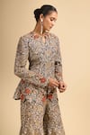 Buy_Anamika Khanna_Blue Embroidery, Beads, Mirrors Split V-neck Floral Peplum Jacket And Sharara Set _Online_at_Aza_Fashions