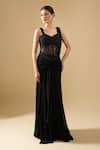 Tarun Tahiliani_Black Sequins, Beads Sweetheart Pre-draped Concept Saree Set With Corset Belt _Online_at_Aza_Fashions
