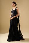 Tarun Tahiliani_Black Sequins, Beads Sweetheart Pre-draped Concept Saree Set With Corset Belt _at_Aza_Fashions