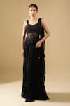 Buy_Tarun Tahiliani_Black Sequins, Beads Sweetheart Pre-draped Concept Saree Set With Corset Belt _at_Aza_Fashions