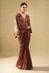 Tarun Tahiliani_Brown V-neck Printed Draped Dress _at_Aza_Fashions