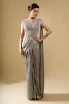 Shop_Tarun Tahiliani_Gray Embroidery, Sequins, Stones High Neck, Corset Draped Concept Saree Gown _Online_at_Aza_Fashions
