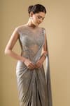 Tarun Tahiliani_Gray Embroidery, Sequins, Stones High Neck, Corset Draped Concept Saree Gown _at_Aza_Fashions