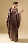 Buy_Tarun Tahiliani_Brown Foil Printing, Beads Round Neck Shimmer Printed Draped Dress _at_Aza_Fashions