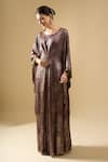 Buy_Tarun Tahiliani_Brown Foil Printing, Beads Round Neck Shimmer Printed Draped Dress _Online_at_Aza_Fashions