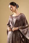 Shop_Tarun Tahiliani_Brown Foil Printing, Beads Round Neck Shimmer Printed Draped Dress _Online_at_Aza_Fashions