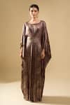Tarun Tahiliani_Brown Foil Printing, Beads Round Neck Shimmer Printed Draped Dress _at_Aza_Fashions