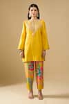 Archana Shah_Yellow Silk Embroidery, Zari, Tassels Round Neck Moon Yoke Kurta Set _Online_at_Aza_Fashions