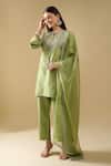 Buy_Archana Shah_Green Silk, Organza Embroidery, Tassels, Zari Round Neck, Moon Yoke Kurta Set _at_Aza_Fashions