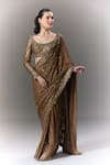Shop_Seema Gujral_Brown Sequins Scoop Neck Saree With Full Sleeve Blouse _at_Aza_Fashions