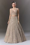 Seema Gujral_Beige Net Pearls, Sequins V-neck And Embellished Lehenga Set _Online_at_Aza_Fashions