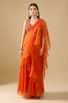 Buy_Archana Shah_Orange Organza Ruffles, Sequins V-neck Pre-draped Saree With Blouse _at_Aza_Fashions