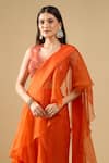 Archana Shah_Orange Organza Ruffles, Sequins V-neck Pre-draped Saree With Blouse _Online_at_Aza_Fashions