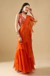 Buy_Archana Shah_Orange Organza Ruffles, Sequins V-neck Pre-draped Saree With Blouse _Online_at_Aza_Fashions